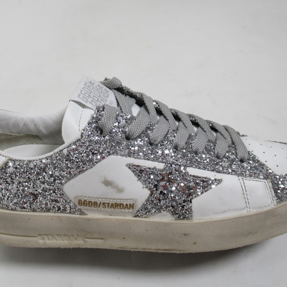 Golden Goose Women's Stardan In White Leather and Glitter 9 US / 6 UK / 39 EU